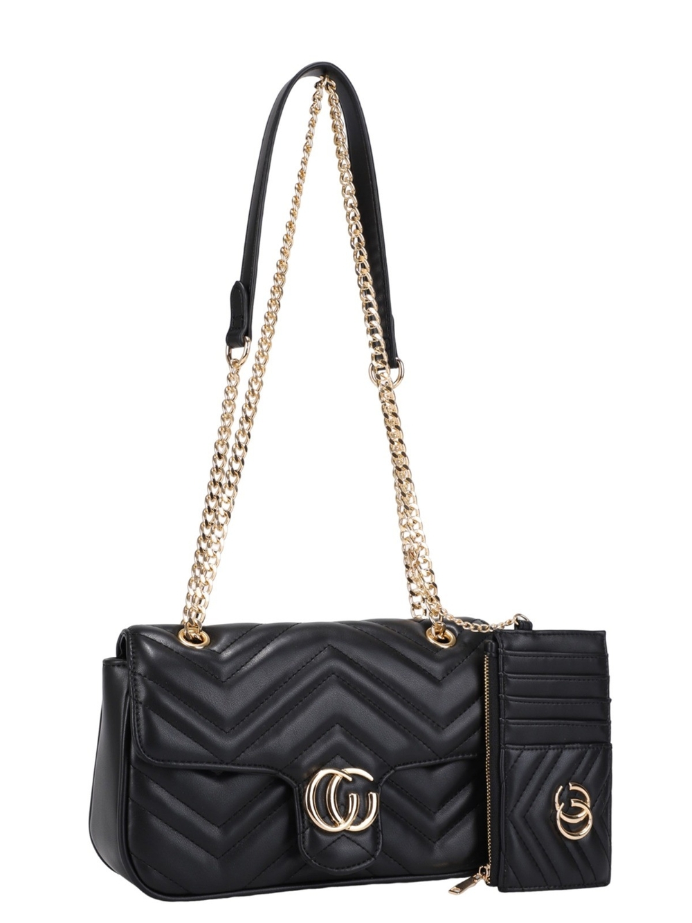 Alyssa Black Quilted Chain-Strap Shoulder Bag with Card Wallet